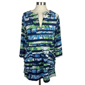 Saint Tropez West Swim Tunic Dress S Womens New Blue Green Print Pockets V Neck